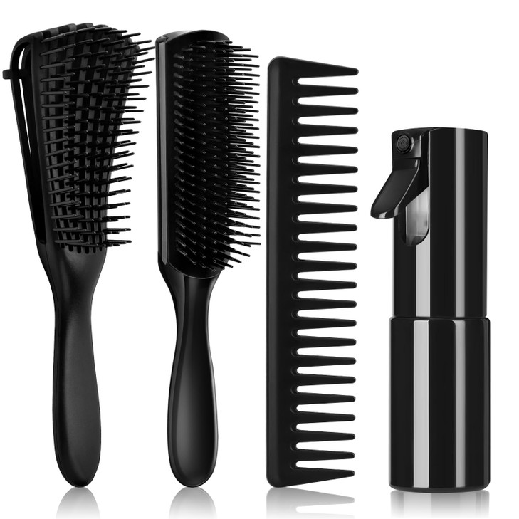 Hommtina 4pcs Detangling Brush Set Getting Shine and Makes Hair Smooth, Curly Hair Brush for Adult & Kids Wet or Dry Hair (3 PCS, Black+Black)