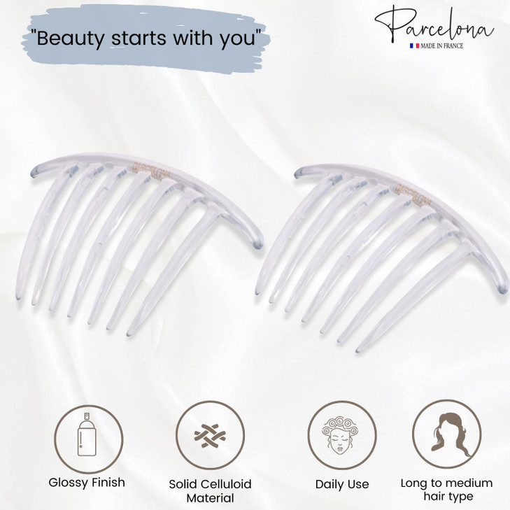 Parcelona French Twist 7 Teeth Large 4" Celluloid Set of 2 Flexible Durable Side Hair Comb No Slip Styling Women Hair Accessories Girls Hair Clip, Ma