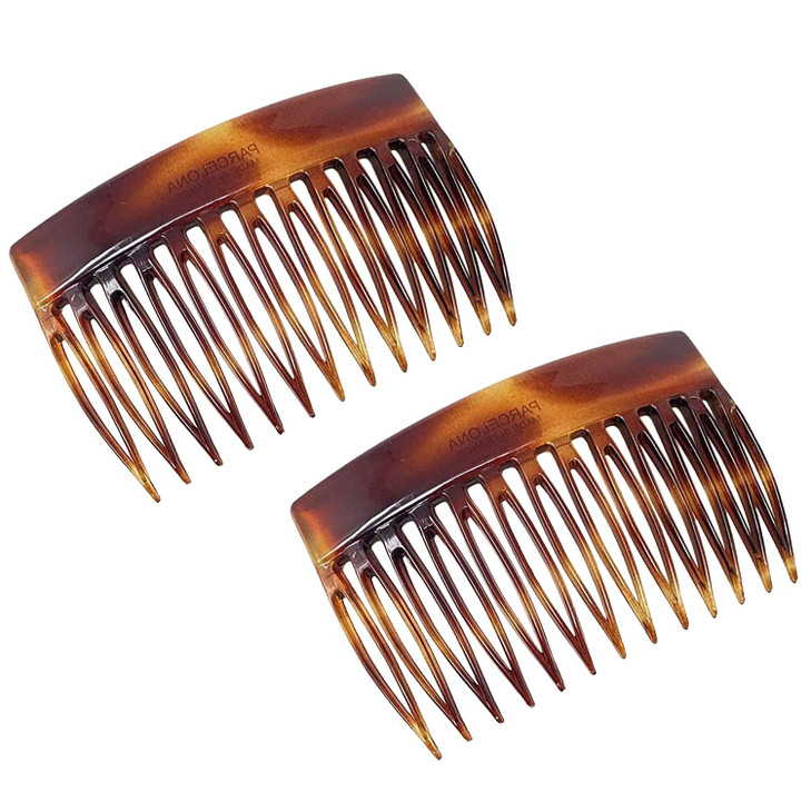 Parcelona French Bold Edge Brown Small 2 3/4" Celluloid Pin Wide Teeth Set of 2 Side Slide Hair Combs for Women and Girls, Made in France (Brown)