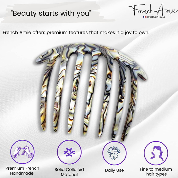 French Amie 7 Teeth Handmade Celluloid Side Hair Comb Flexible Durable Hair Combs Strong Hold Hair Clips for Women No Slip Styling Girls Paris Hair A