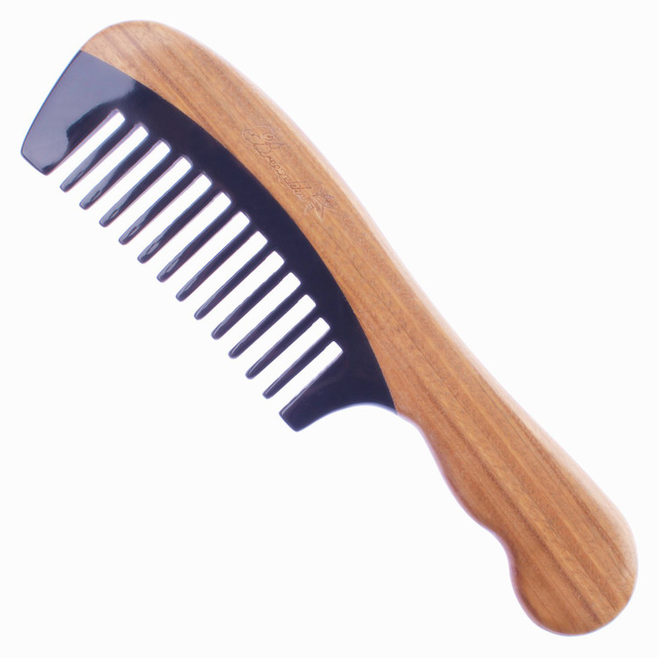 Breezelike Sandalwood Hair Comb - Wavy Handle Wide Tooth Comb for Women - No Static Wooden Black Buffalo Horn Comb for Detangling