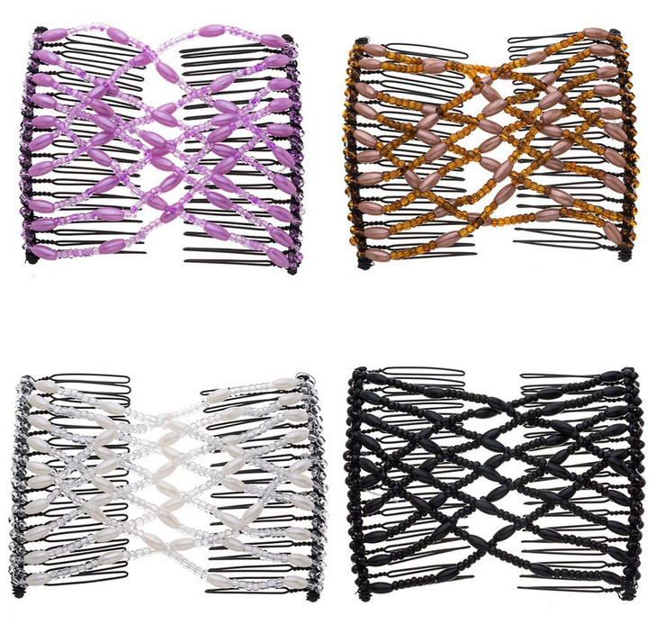 LOVEF Women Magic Hair Comb Bead Stretchy Hair Combs Double Slide Metal multifunctional Comb Clip Hairpins For women-4pcs