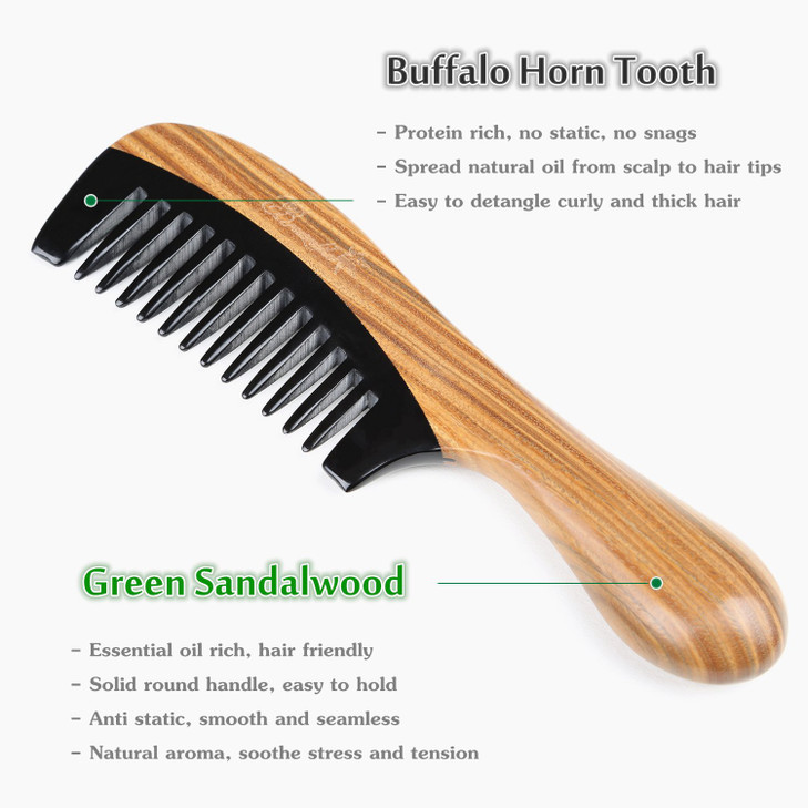 Wide Tooth Hair Comb for Curly Hair - Breezelike No Static Wooden Detangling Comb - Natural Sandalwood Buffalo Horn Comb for Women and Men