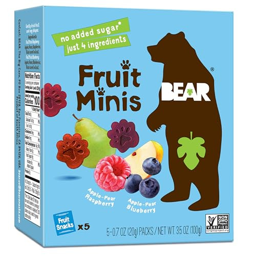 BEAR Real Fruit Snack Minis, Raspberry/Blueberry, No added Sugar, All Natural, Bite Sized Snacks for Kids, Non GMO, Gluten Free, Vegan, 3.5 OZ