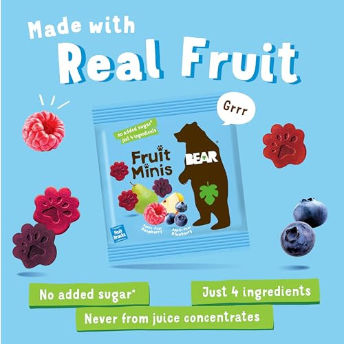 BEAR Real Fruit Snack Minis, Raspberry/Blueberry, No added Sugar, All Natural, Bite Sized Snacks for Kids, Non GMO, Gluten Free, Vegan, 3.5 OZ