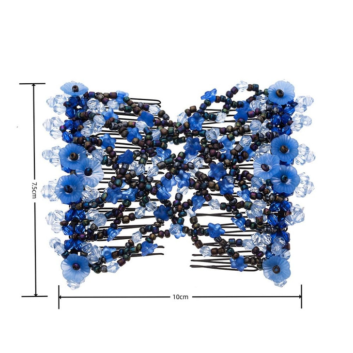 Lovef Flower Multifunction Easy Magic Hair Comb Stretchy Beaded Hair Comb in Small Beads Hairpin Plate Hair (Blue)