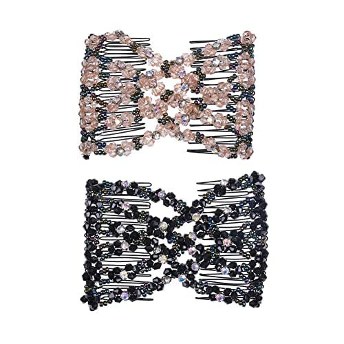 LOVEF 2Pcs Glass Bead Magic Hair Comb Elastic Double Insert Clips Chic Stretch Hair Head Comb Random