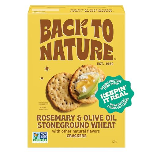 Back to Nature Rosemary & Olive Oil Stoneground Wheat Crackers, Non-GMO, Plant-Based Snack Cracker, Made with Whole Grains & Flax Seed, 5oz Box