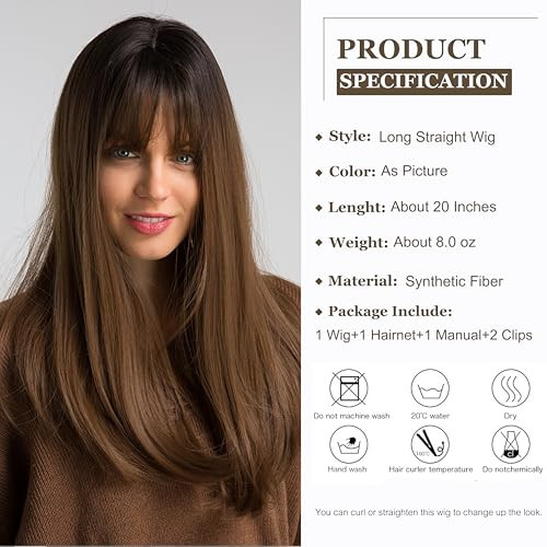 Esmee 20" Long Brown Synthetic Wigs with Bangs High Density Natural Straight Headline Heat Permanent Hair Wigs for Women