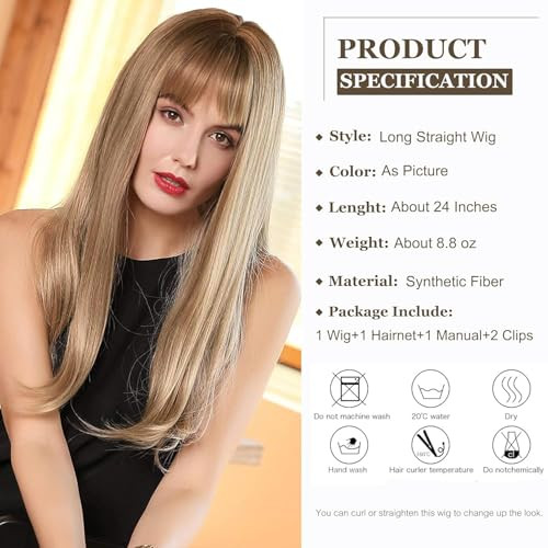 Esmee 24 Inches Charming Wig Light Gold Long Wigs for Women Middle Parting Natural Straight Heat Resistant Synthetic Wigs for White Women with Bangs