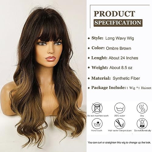 Esmee 24" Synthetic Wigs for Women Dark Roots Long Wig with Bangs Ombre Wavy Hair Realistic Simulation Scalp Middle Part