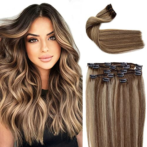 Clip in Hair Extensions, Ombre Brown to Chestnut Brown with Ash Blonde Highlights Balayage Human Hair Extensions 22Inch for Women 7pieces 70G Double
