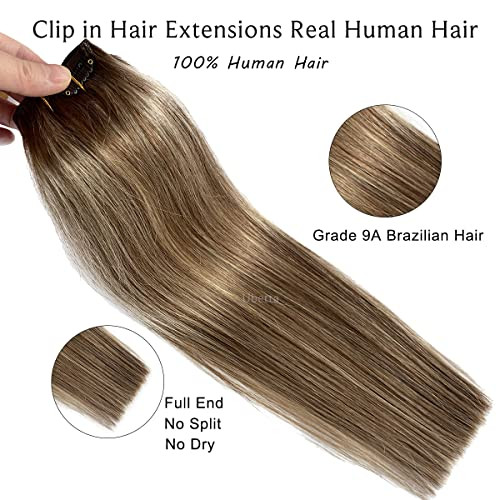 Clip in Hair Extensions, Ombre Brown to Chestnut Brown with Ash Blonde Highlights Balayage Human Hair Extensions 22Inch for Women 7pieces 70G Double