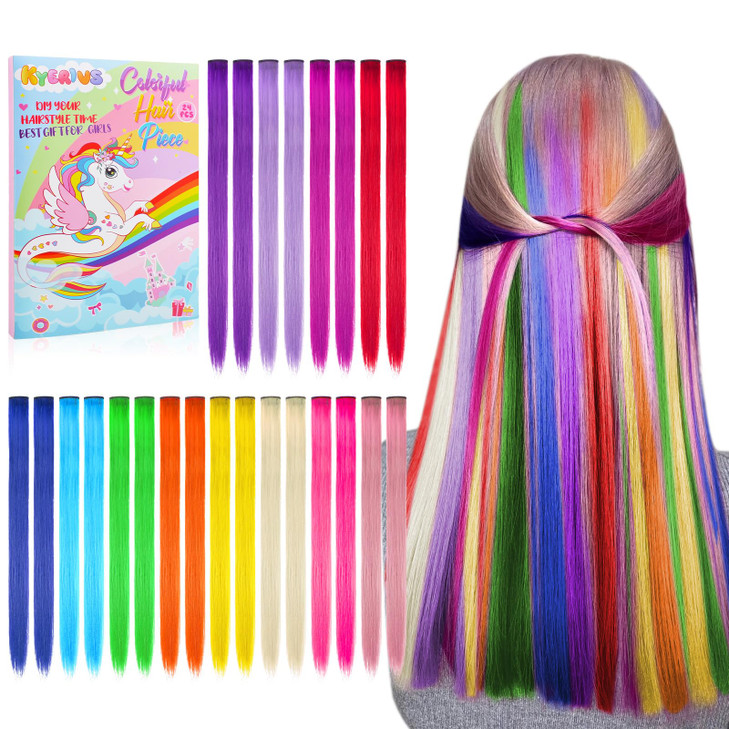 24PC Colored Clip in Hair Extension Age 4 5 6 7 8-10-12 Year Old, Easter Basket Stuffers Gifts for Girls 20Inch Colorful Hair Accessories Rainbow Hai