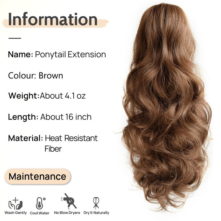 StrRid Hair Extensions Ponytail Extension Claw Clip Wavy 16" Long Synthetic Pony Tail for Adults Women Curly Ponytails Fluffy Clips in Hairpieces for