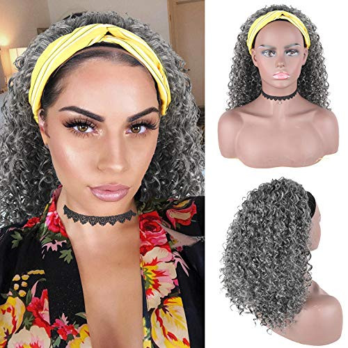 Aisaide Short Afro Kinky Curly Grey Headband Wigs for Black Women,Synthetic Curly Headband Wig Afro Curly Wave Deep Wave Black Headband Wig Wrap Wig
