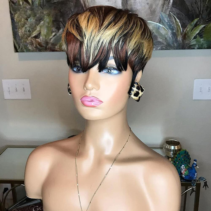 QiaQiaRing 1B/4/27 Pixie Cut Wigs for Black Women Brazilian Human Hair Short Wigs with Bangs Black Laryered Brown and Blonde 150% Density Glueless Wi