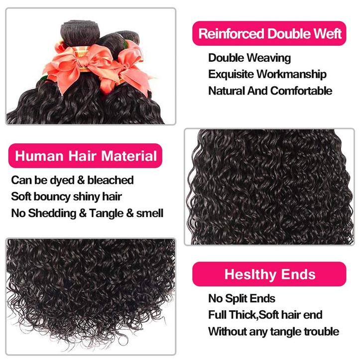 Water Wave Bundles with Closure Human Hair Wet and Wavy Bundles with Closure 10A Brazilian Virgin Curly Human Hair Extensions Natural Color (28 28 28
