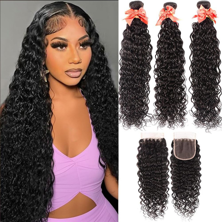 Water Wave Bundles with Closure Brazilian Wet and Wavy Bundles with Lace Closure Virgin Human Hair Curly Wave Human Hair Extensions Natural Black Col