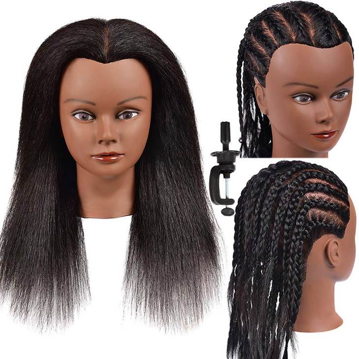14 Inch 100% Real Hair Mannequin Head Training Head Manikin Cosmetology Doll Head for Hairdresser Practice Braiding Hair Styling with Clamp stand