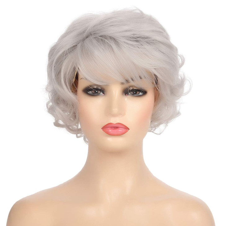 Kaneles Short Curly Grey Women Wigs Hair Old Lady Wig with Bangs Natural Synthetic Hair Heat Resistant Halloween Cosplay Full Wigs