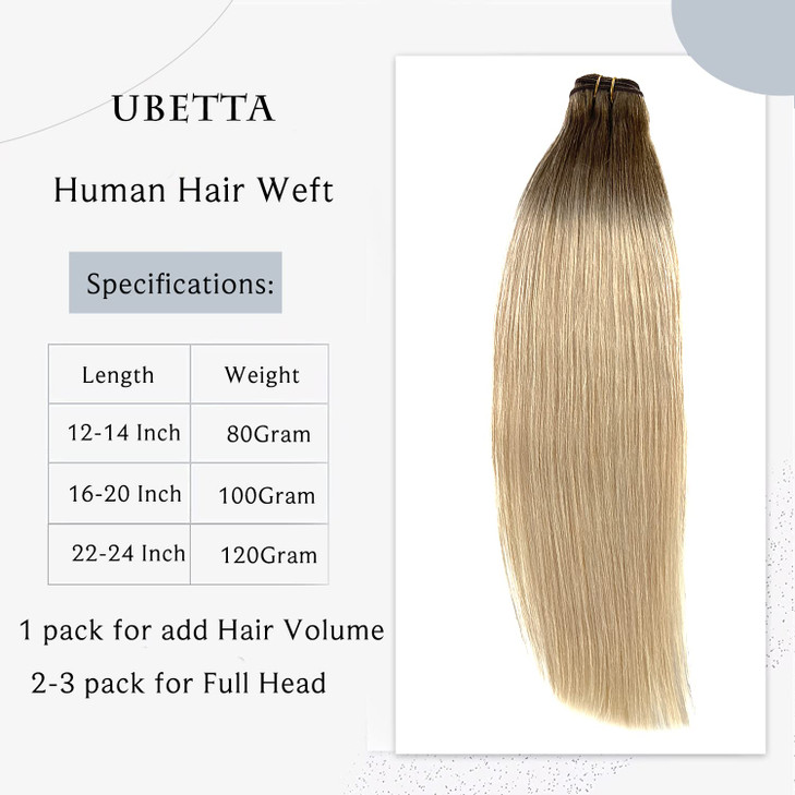 Real Human Hair Weft Sew in Extensions, Ombre Brown to Platinum Blonde Hand-Tied Weft Hair Extensions for Women, 14Inch Sew in Hair Weft Weave Hair E