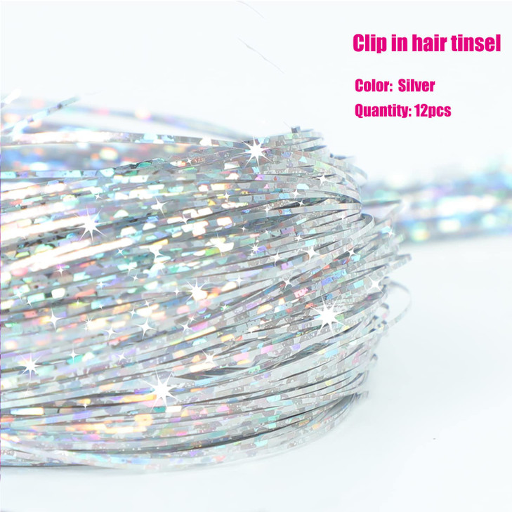 YOOONXI 12Pcs Hair Tinsel Clip in 19.6Inch Glitter Tinsel Hair Extensions Heat Resistant Shiny Sparkle Fairy Hair Tinsel Kit for Women Girls Kids (Si