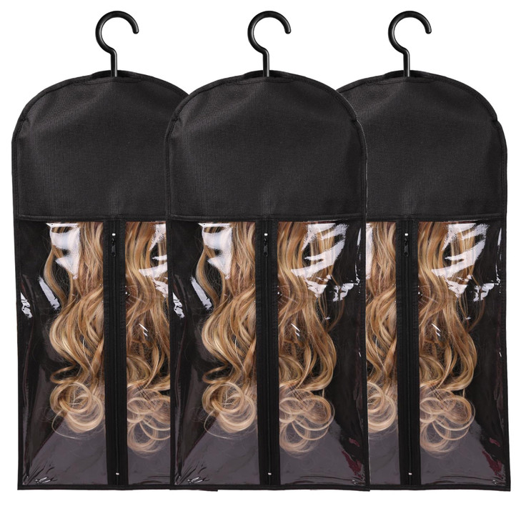 3PCS Hair Extension Holder Wig Storage Bags with Hanger Wig Holder for Multiple Wigs Hanger Dust-proof Storage Organizer with Hook Hair Extensions, w