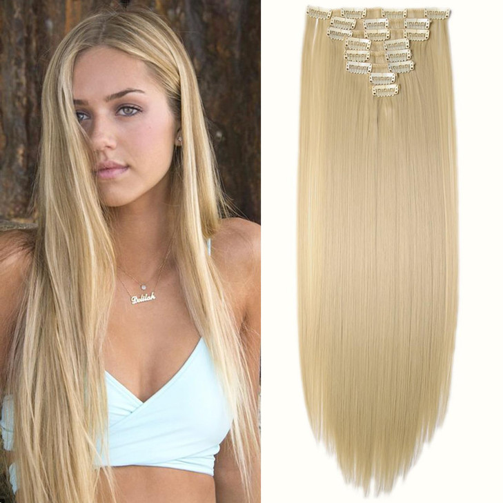 S-noilite 23" Straight Bleach Blonde Full Head Clip in Hair Extensions 8pcs Clips on Hair Extensions for Women