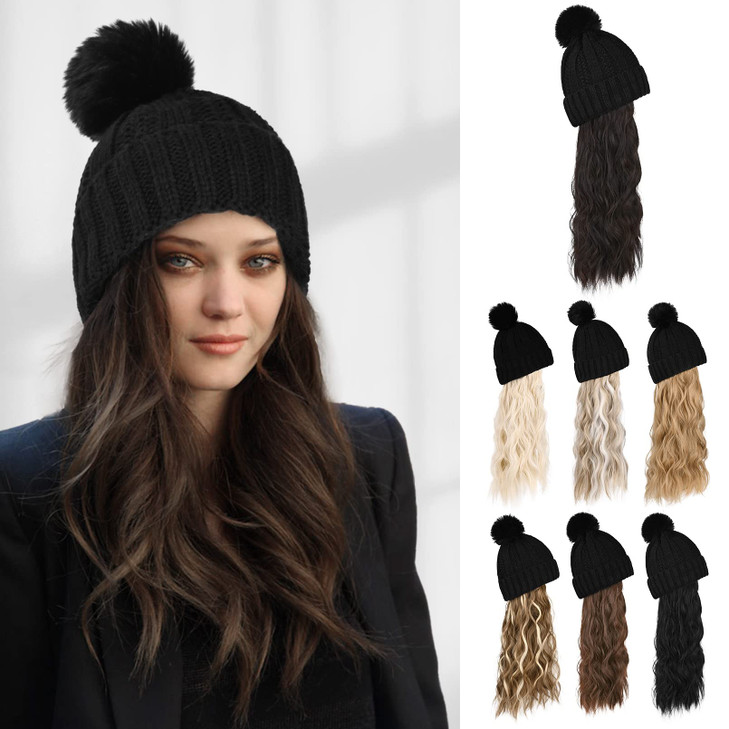 Flufymooz Beanie Wig, Hat Hair Extension Long Wavy Curly Black Hat Wig with Faux Fur Pom Hat, wig hat Attached 20 Inch Synthetic Hairpiece for Women