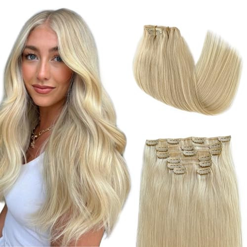 Blonde Clip in Hair Extensions Human Hair 15 Inch #60 Platinum Blond Real Human Hair Extensions Clips ins Thick Ends Soft Blonde Remy Hair Pieces for