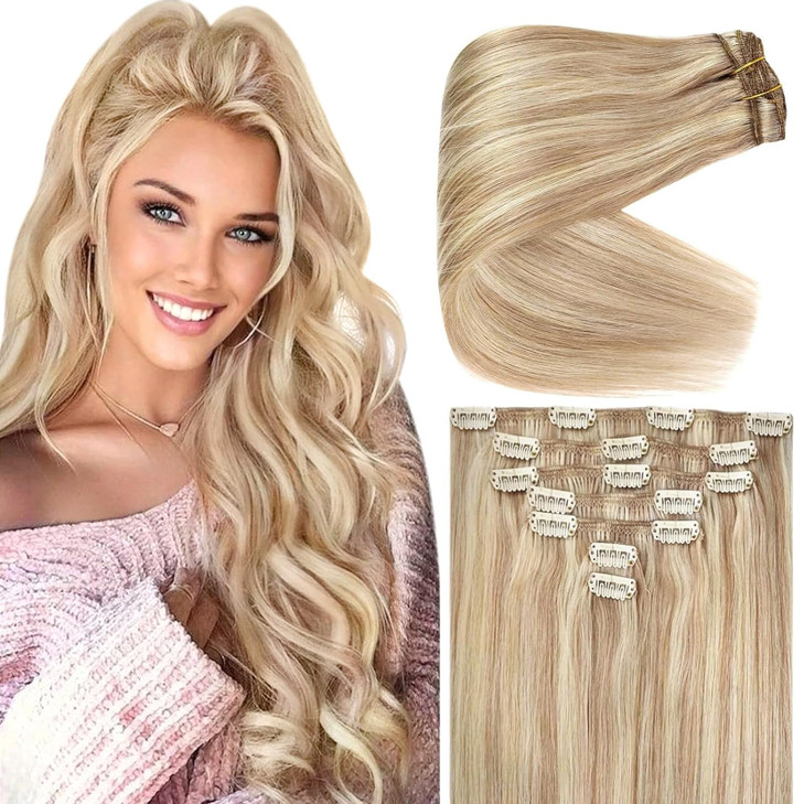 Ve Sunny Real Hair Extensions Clip in Human Hair Blonde Highlights Remy Hair Extensions Thick Human Hair Clip in Extensions 18Inch 7pcs 120g