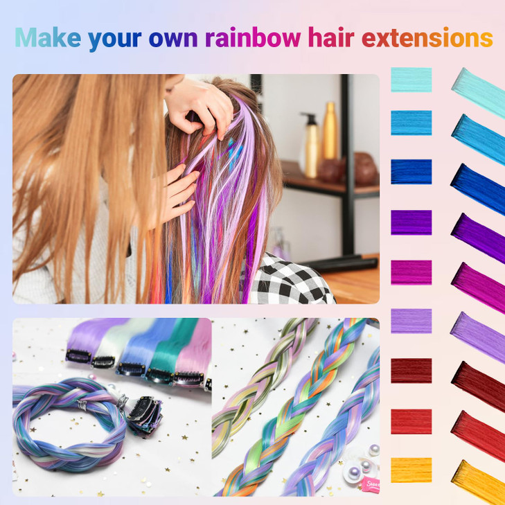TOFAFA 22 Pcs Colored Hair Extensions, Multi-colors Party Highlights Clip in Synthetic Hair Extensions 22 inch Rainbow Hairpieces for Girls Women Cos