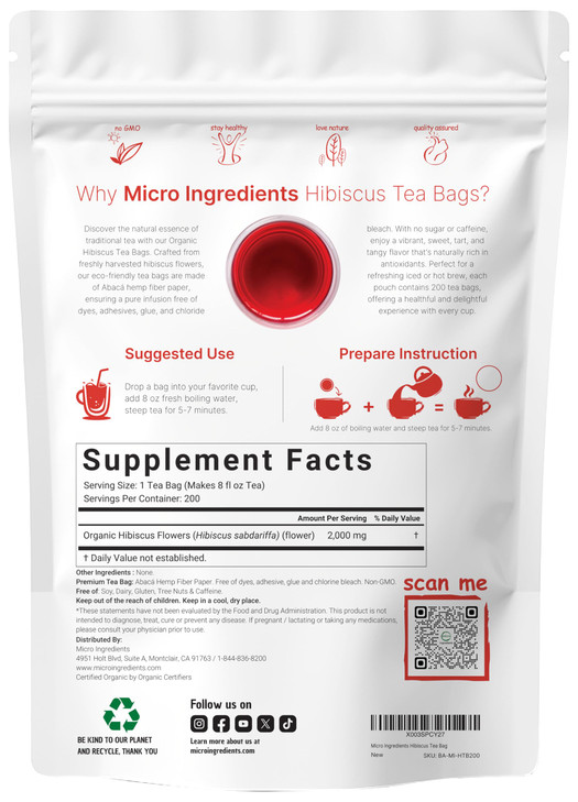 Organic Hibiscus Tea Bags, 200 Count | Premium Source from Hibiscus Flowers | Caffeine Free Herbal Tea | Eco-Friendly Hemp Paper Tea Bags | Non-GMO,