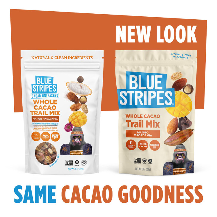 Blue Stripes - Trail Mix, 70% Chocolate Chips, Almonds, Macadamia Nuts, Mango, Healthy Snacks for Adults, Whole 70% Cacao, With Unrefined Sugar, Non