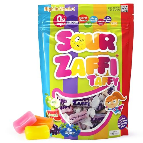Zollipops Zaffi Taffy Sour in Assorted Sour Flavors, Watermelon, Green Apple, Blue Raspberry, and Grape, 5 oz. Bag