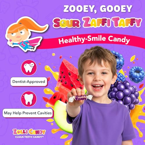 Zollipops Zaffi Taffy Sour in Assorted Sour Flavors, Watermelon, Green Apple, Blue Raspberry, and Grape, 5 oz. Bag