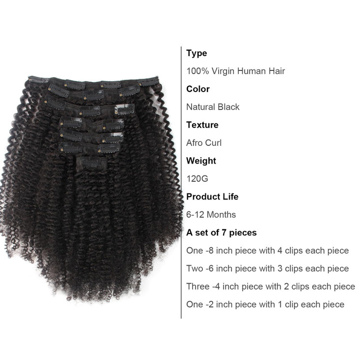 ABH AMAZINGBEAUTY HAIR Afro Curly Clip in Hair Extensions Real Human Hair 4A 4B Curly Clip ins for Black Women 120g 7 Pieces 17 Clips, #1B Natural Bl