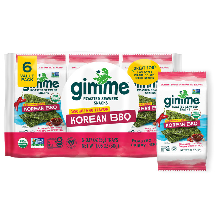 Gimme Seaweed Organic Premium Roasted Seaweed Snacks, Korean BBQ, 6 Count, Keto, Vegan, Gluten-Free, Great Source of Omega3s and Iodine, Healthy On-T