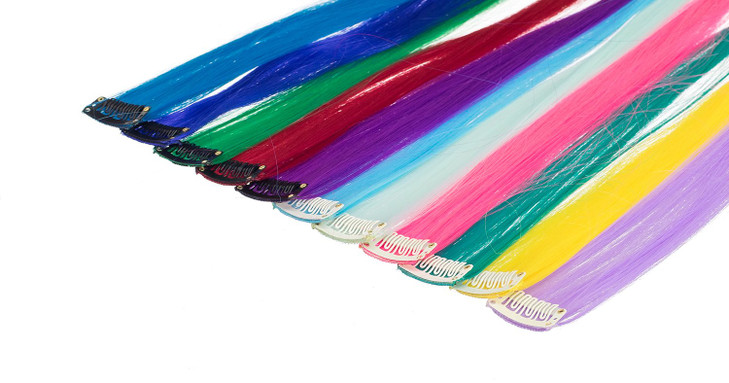 SWACC 22 Pcs Colored Party Highlights Clip on in Hair Extensions For Women Multi-Colors Hair Streak Synthetic Hairpieces (11 Colors 22 Pcs in Set -St
