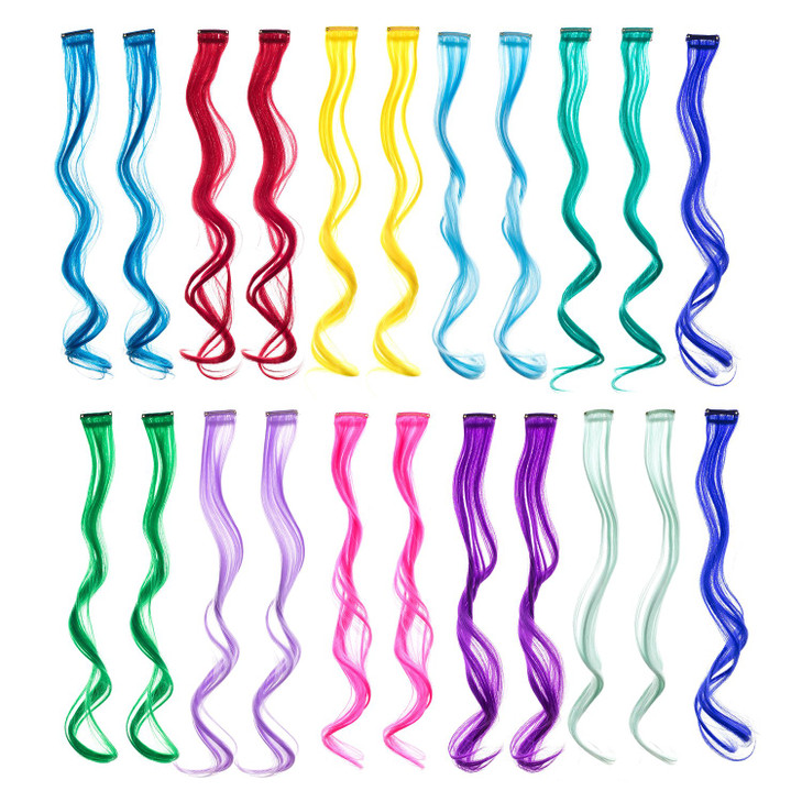 SWACC 22 Pcs Colored Party Highlights Clip on in Hair Extensions For Women Multi-Colors Hair Streak Synthetic Hairpieces (11 Colors 22 Pcs in Set -Cu