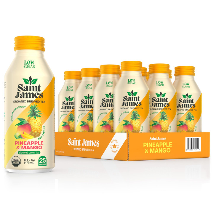 Saint James Iced Tea - Organic Green Tea - Non GMO, Gluten Free, Low Calorie & Low Sugar - Pineapple & Mango, 12 Pack (16 fl oz each)