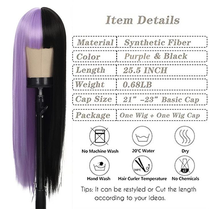 Kaneles Half Purple Half Black Wig Long Straight Hair with Bangs for Women Cosplay Natural Wig for Cosplay Party Halloween