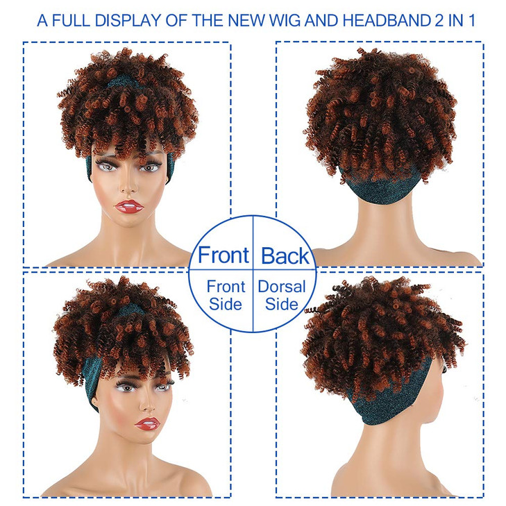 Aisaide Curly Wigs for Black Women, Headband Wigs with Bangs, Synthetic Short Afro Kinky Curly Wig with Headband Attached, Drawstring High Afro Puff