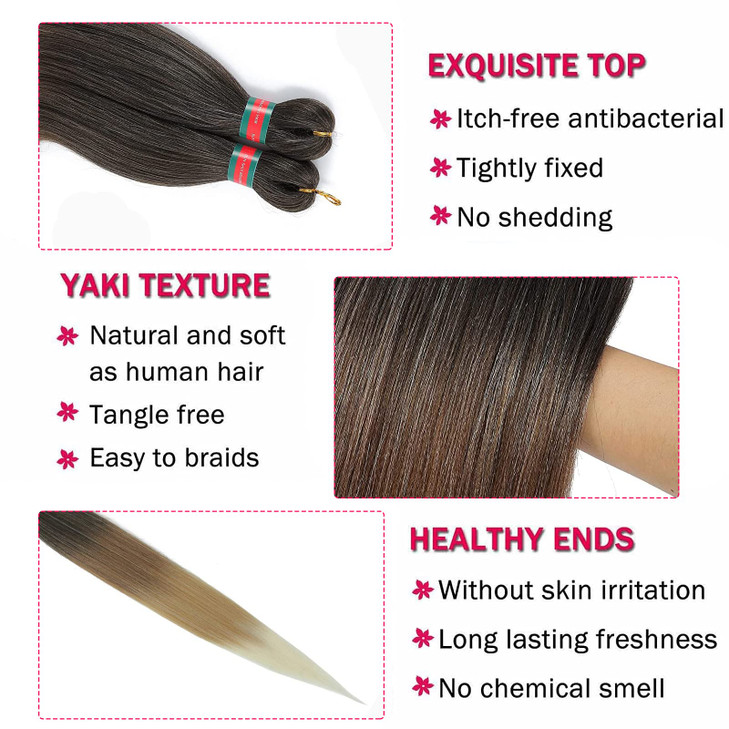 36'' Ombre Pre Stretched Braiding Hair Yaki Texture Crochet Braid Hair Extensions 4 Tones Braiding Hair Pre Stretched (7packs,1b/30/27/613)