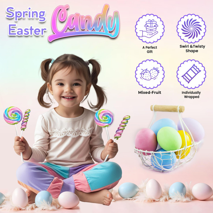 Spring Easter Candy - 24 Lollipops Individually Wrapped - 18g Swirl and 12g Twisty Lollipops - Easter Basket Candy - Egg Hunts - Candy Buffet
