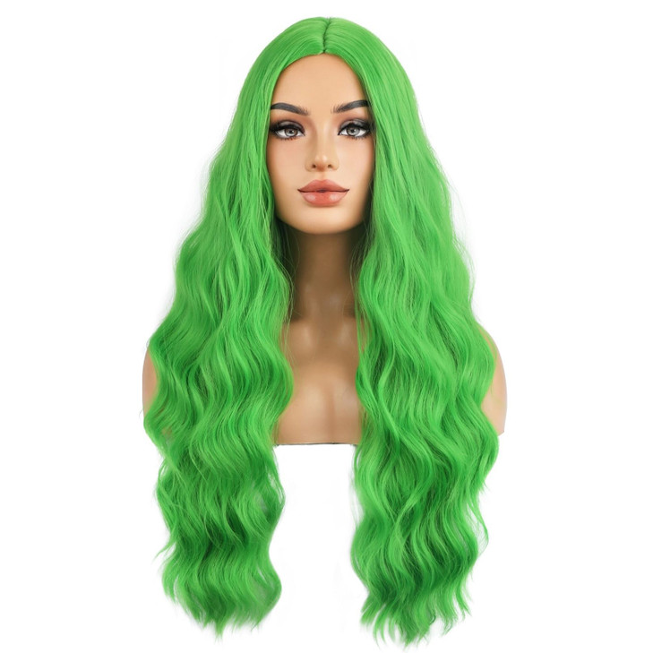 BERON Green Long Wigs for Women Girls Curly Wavy Wigs Light Colored Middle Part Heat Resistant Synthetic Wigs for Cosplay or Daily Use