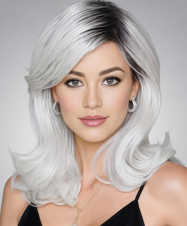 SEVENCOLORS Long Grey Wavy Wigs for Women Ombre Silver White Wigs with Black Roots 18'' Synthetic Hair Side Part Gray Wig for Daily Party Cosplay Use