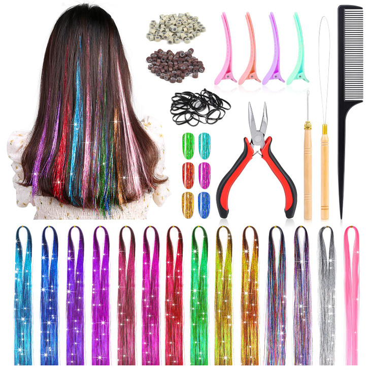 14 Colors Hair Tinsel Kit with Tool, 47 inch 2800 Strands Tinsel Hair Extensions for Women Girls, Fairy Hair Tinsel Glitter Sparkling Shiny Colorful
