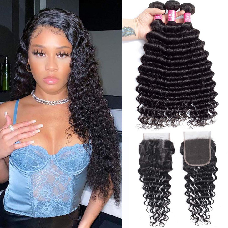 10A Deep Wave Human Hair Bundles with Closure(18 20 22+16 Closure) Brazilian Deep Weave Curly Human Hair 3 Bundles with 4x4 Lace Closure 100% Unproce